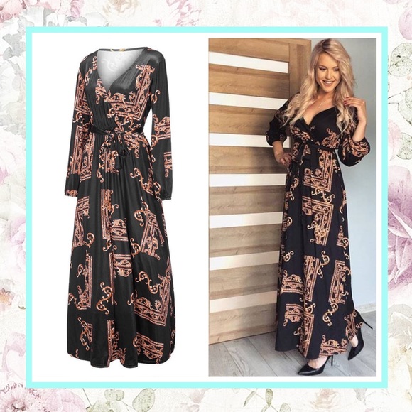 🌺 DRESS PAISLEY DESIGNER BAROQUE LONG SLEEVE MAXI BLACK BROWN FANCY ELEGANT - Picture 7 of 9